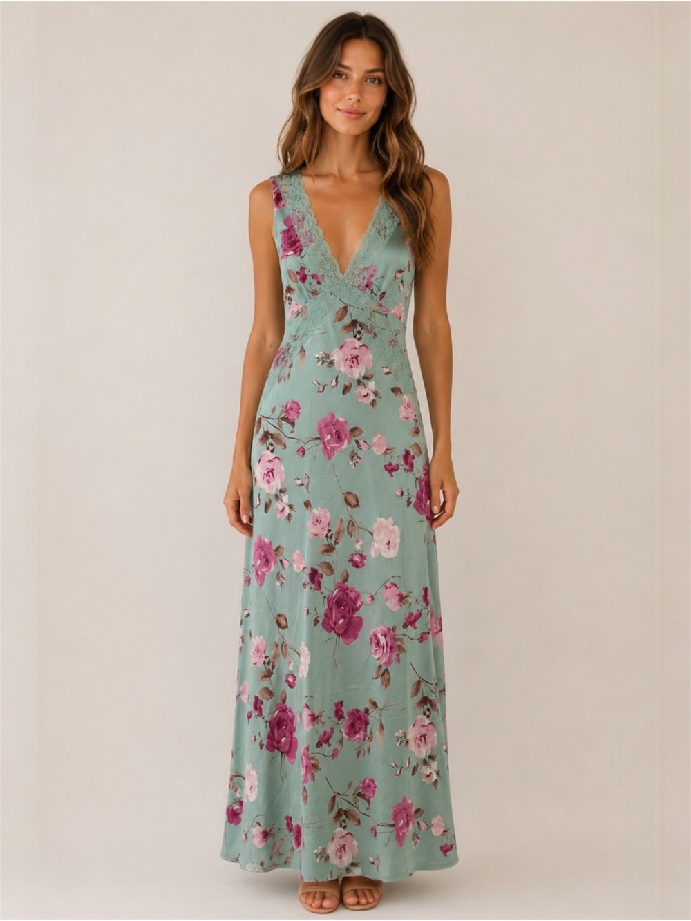 Thirty Thirty Sage Green Floral Lace Trim Maxi Dress Small Pink Rose Slip Style